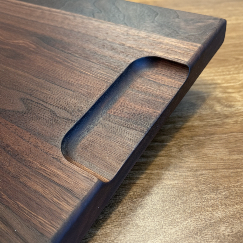 Close up of hand hold detail on walnut edge cutting board