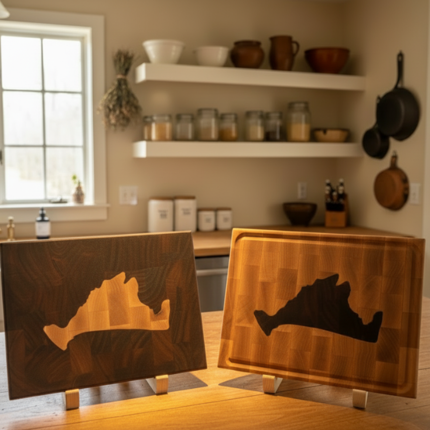 Handcrafted end grain cutting boards with Martha's Vineyard Inlay