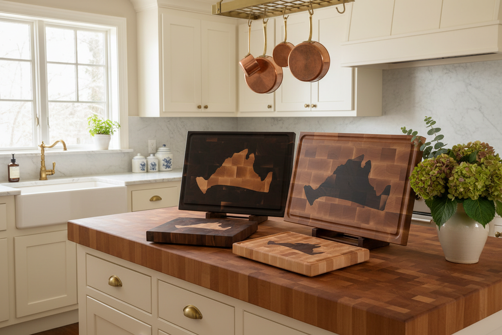 Four cutting boards in classic kitchen setting