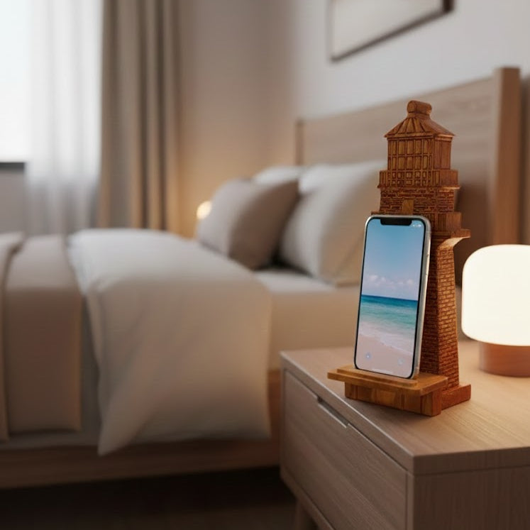 Martha's Vineyard Gay Head Lighthouse phone stand on bedside table