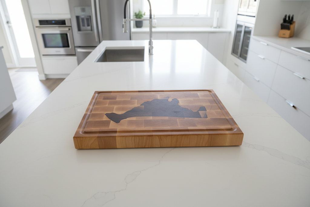 Maple cutting board without hand holds in modern kitchen