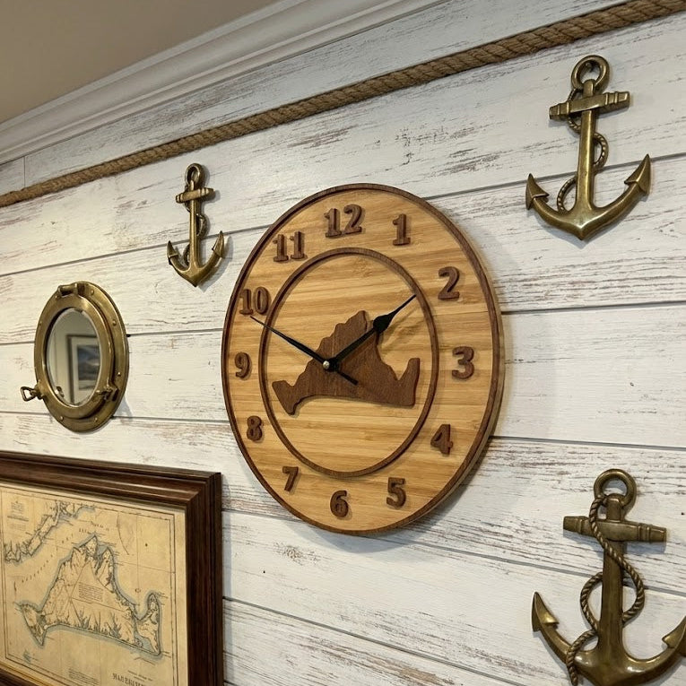 Handcrafted bamboo wall clock with Martha's Vineyard design