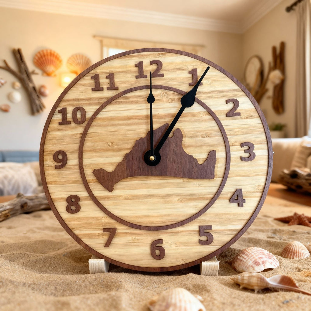 Handcrafted bamboo clock featuring Marthas Vineyard design
