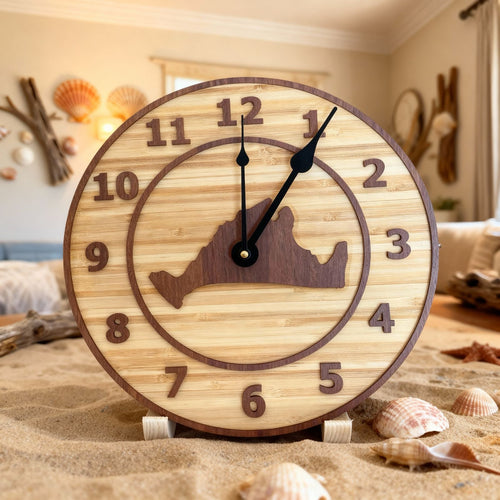 Handcrafted bamboo clock featuring Marthas Vineyard design