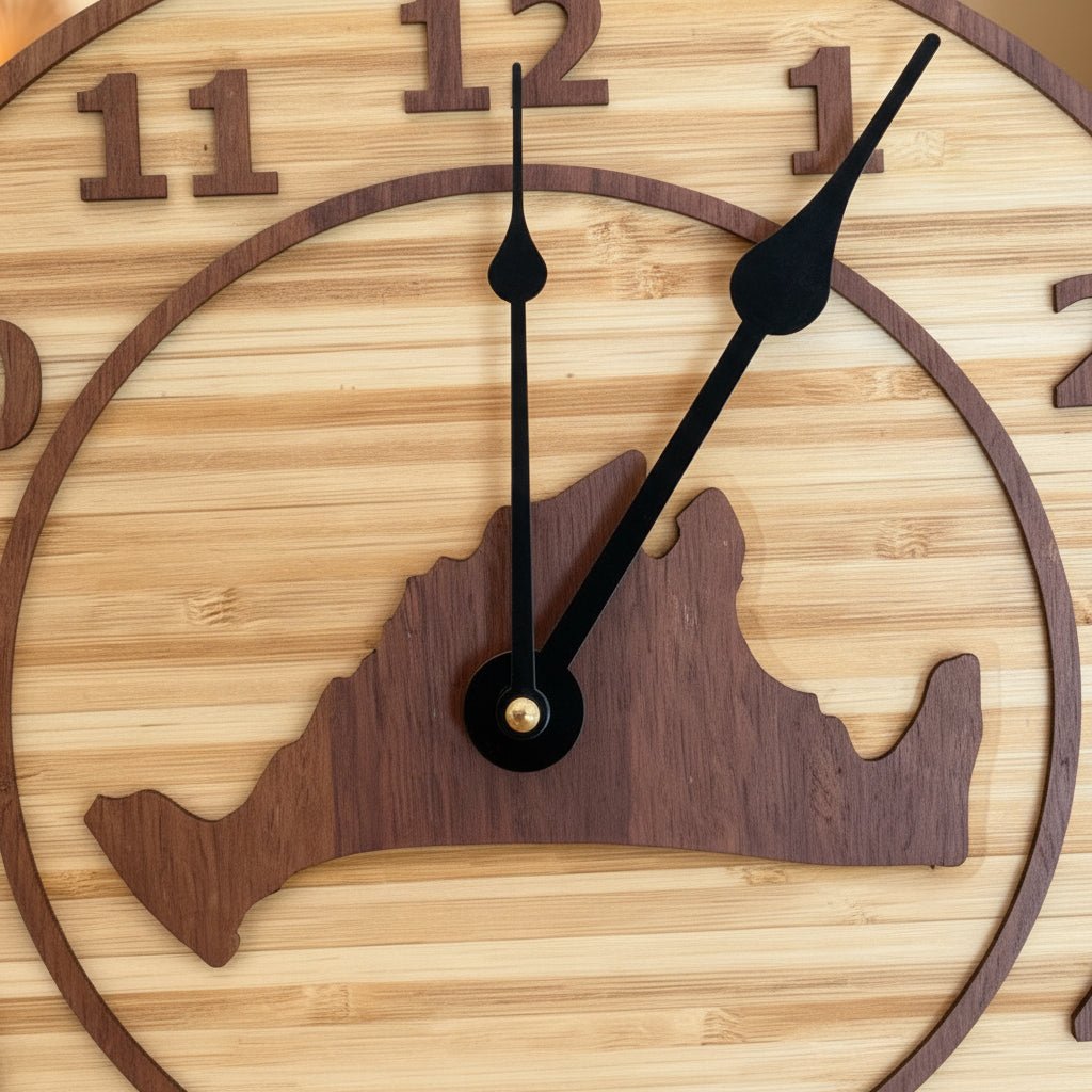Close up of bamboo clock featuring Martha's Vineyard map outline