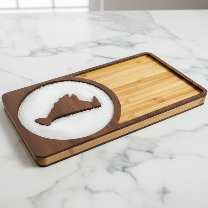 Close up of Martha's Vineyard bamboo margarita salt rimmer board