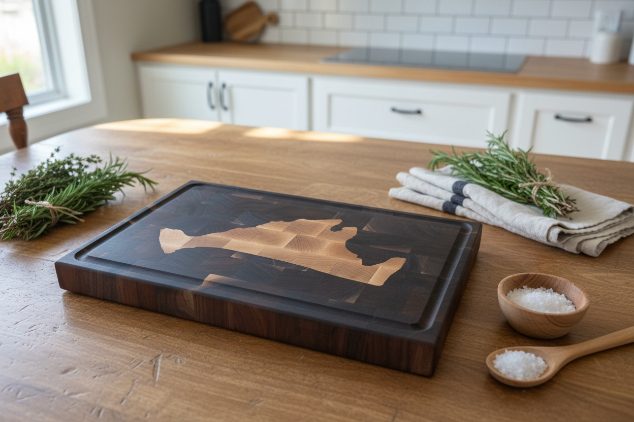 Overhead view of walnut cutting board in farmhouse kitchen