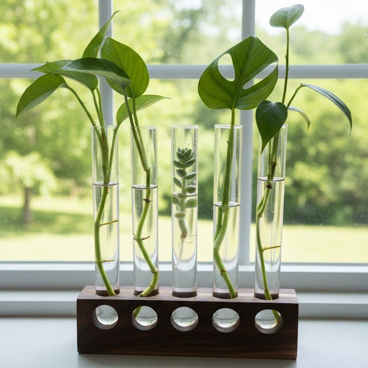 Propagation station with clear glass vases on a windowsill