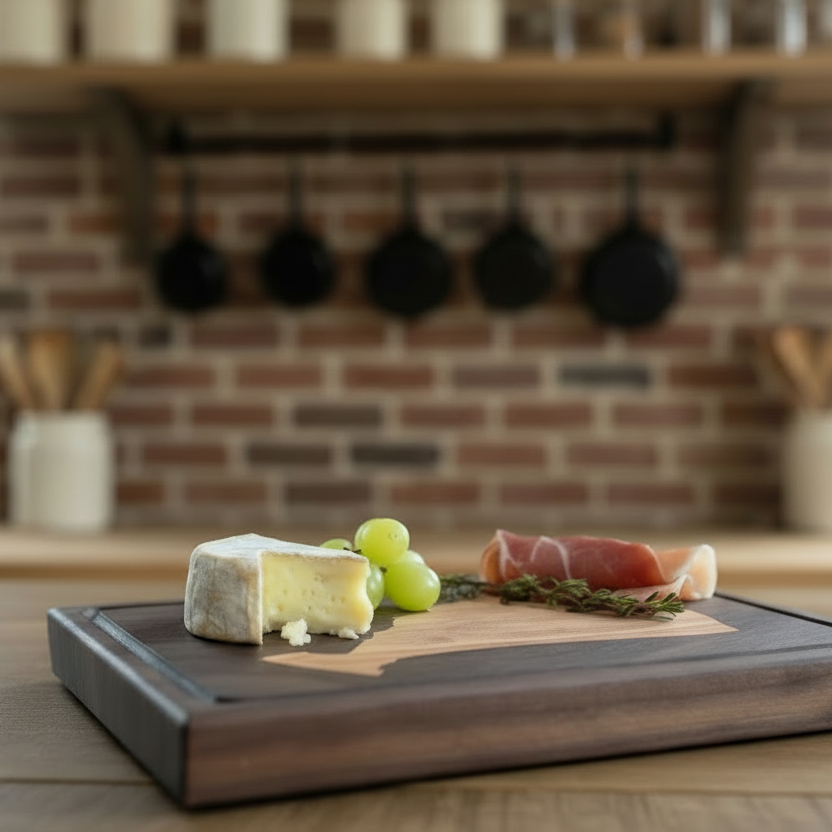 Small Walnut edge grain cutting board Martha's Vineyard cherry inlay