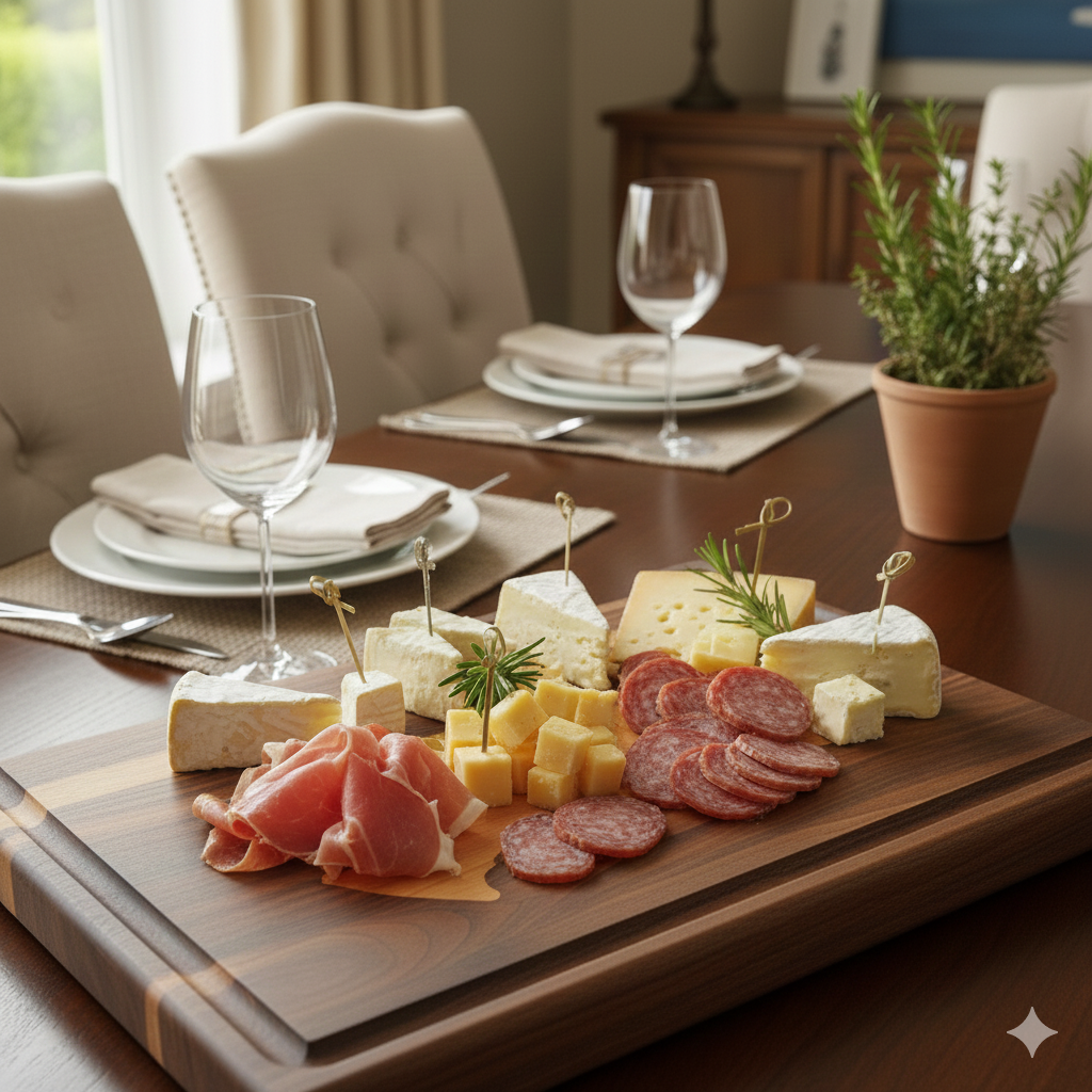 Walnut edge grain charcutier board Martha's Vineyard cherry inlay