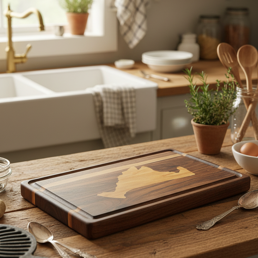 Walnut edge grain cutting board with Martha's Vineyard cherry inlay