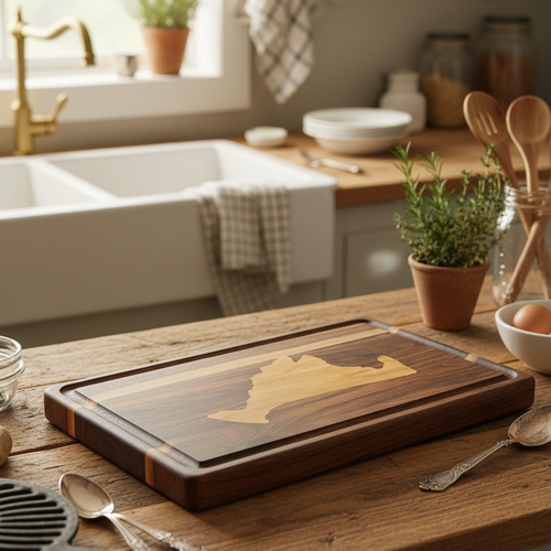 Walnut edge grain cutting board with Martha's Vineyard cherry inlay