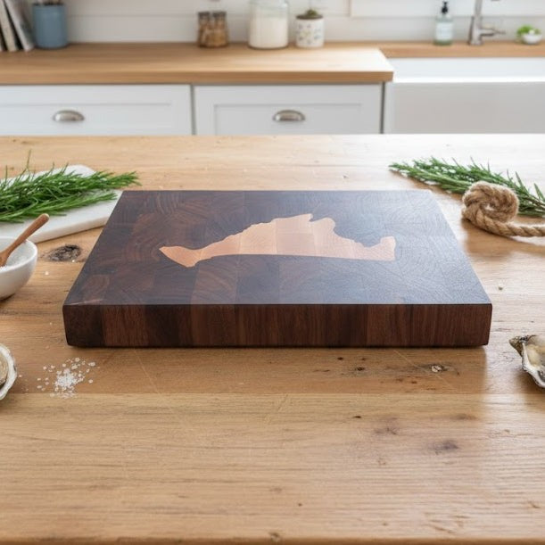 Walnut end grain butcher block with Martha's Vineyard Maple Inlay