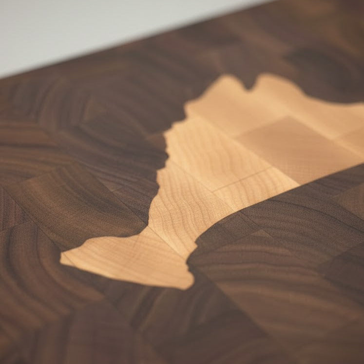 Close up of walnut end grain with maple martha's vineyard inlay