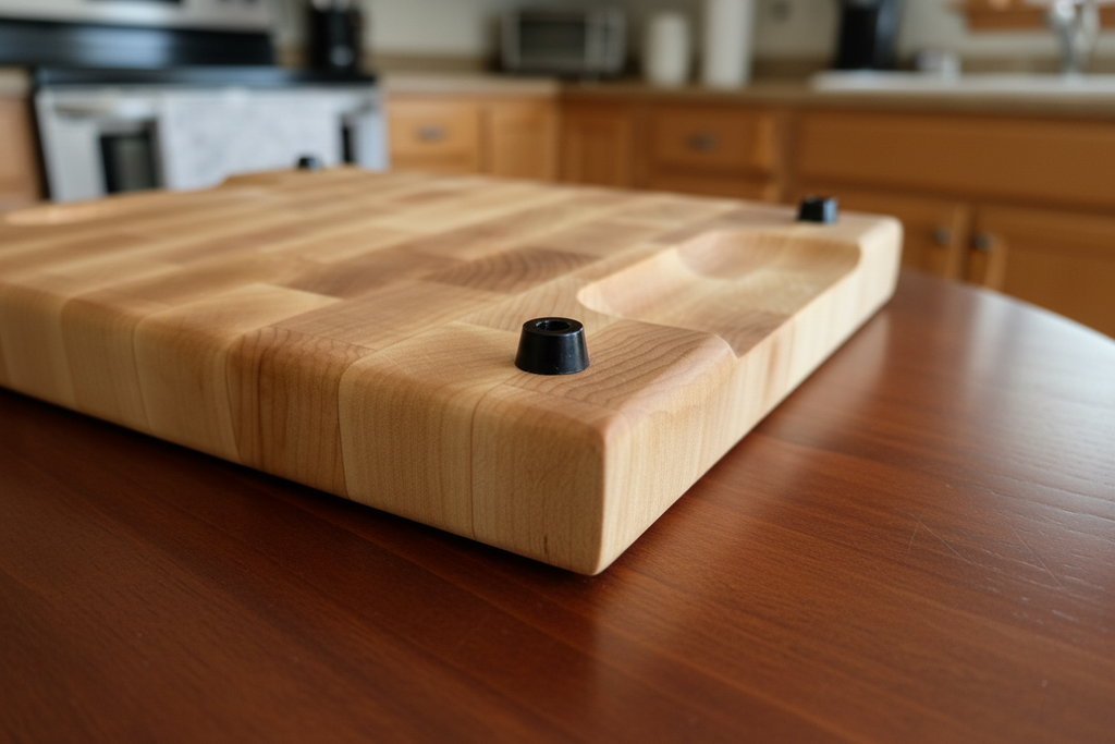 Zoomed cutting board on darker table in classic kitchen